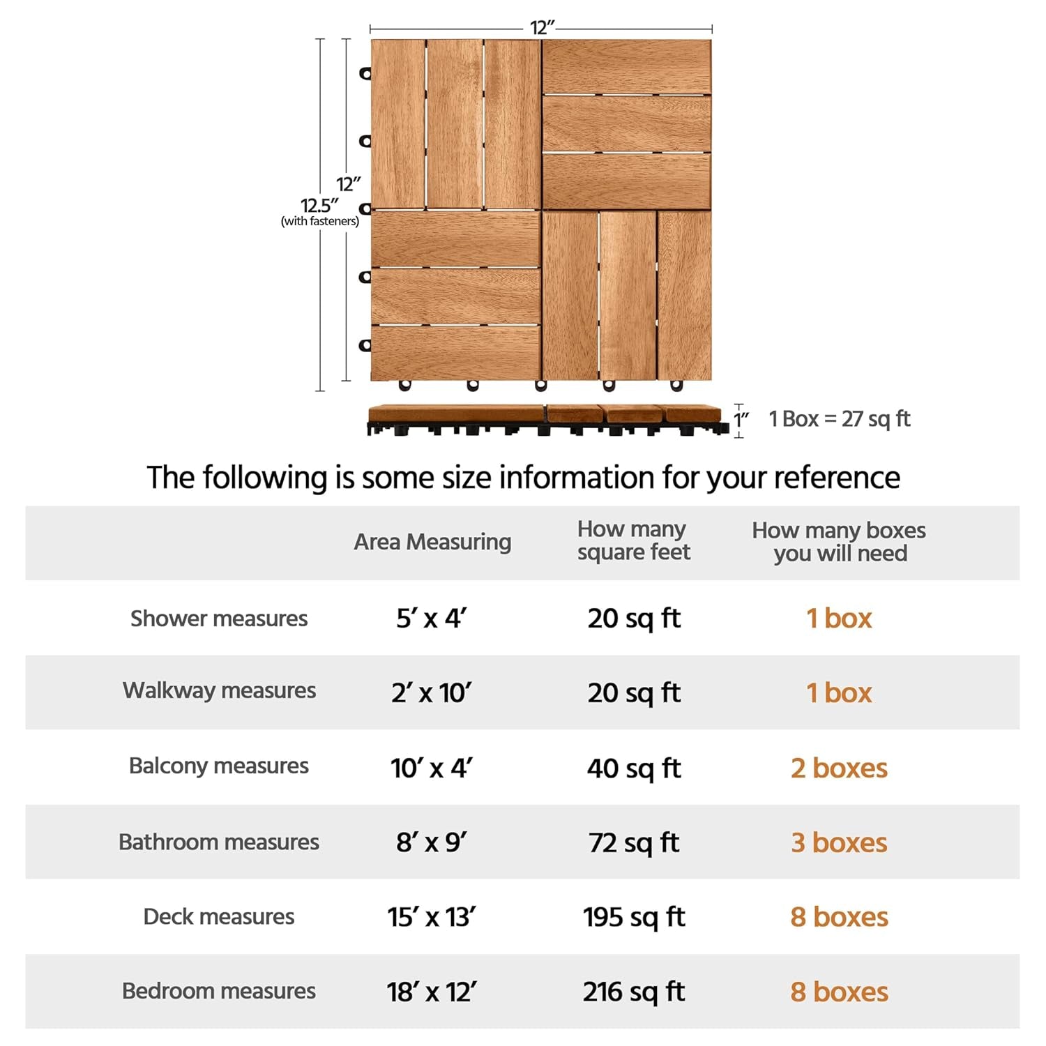 27Pcs Hardwood Interlocking Patio Deck Tiles Acacia Waterproof Wood Flooring Tiles for Patio Garden Poolside, 12&