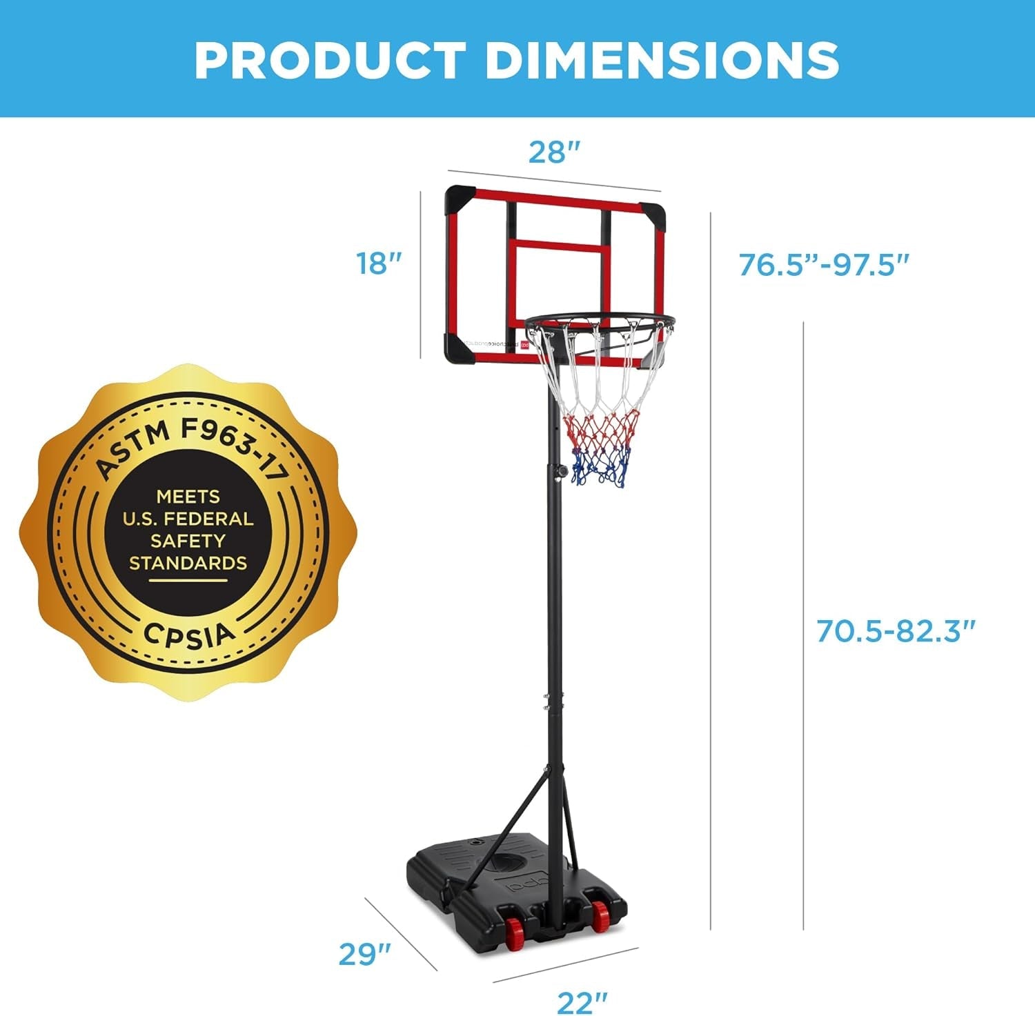 Kids Height-Adjustable Basketball Hoop System, Portable Game W/Wheels, Fillable Base, 70.5In to 82.3In Height