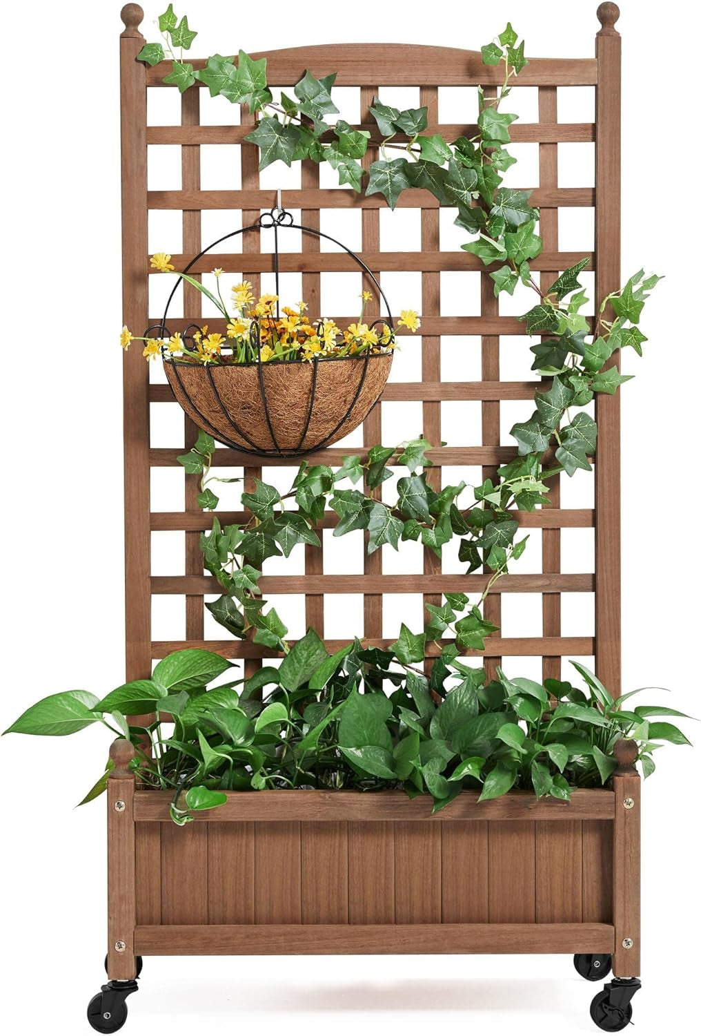 50&quot; H Raised Garden Bed with Trellis &amp; Wheels Standing Vertical Horticulture Planter Box for Vine Climbing Plants, Flowers, Herbs Brown