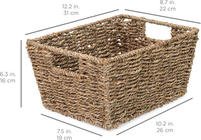 Rustic Set of 4 Multipurpose Stackable Seagrass Storage Basket, Handwoven Laundry Organizer Totes for Bedroom and Living Room, Shelves, Pantry W/Insert Handles - Natural