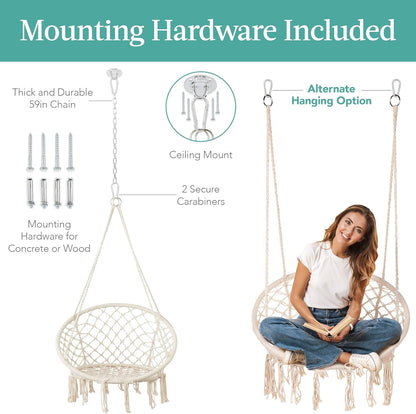 Macramé Hanging Chair, Handwoven Cotton Hammock Swing for Indoor &amp; Outdoor Use W/Mounting Hardware, Backrest, 265Lb Capacity - Beige