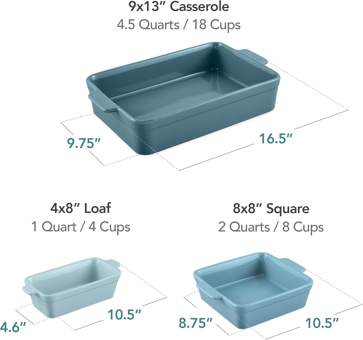 Bakeware Set, Baking Dish Set, 3-Piece Nonstick, Toxin-Free, Ceramic, Casserole, Bread Loaf, Square Pan, Space-Saving Nesting Design - Cornflower Blue