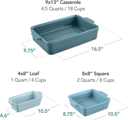 Bakeware Set, Baking Dish Set, 3-Piece Nonstick, Toxin-Free, Ceramic, Casserole, Bread Loaf, Square Pan, Space-Saving Nesting Design - Cornflower Blue