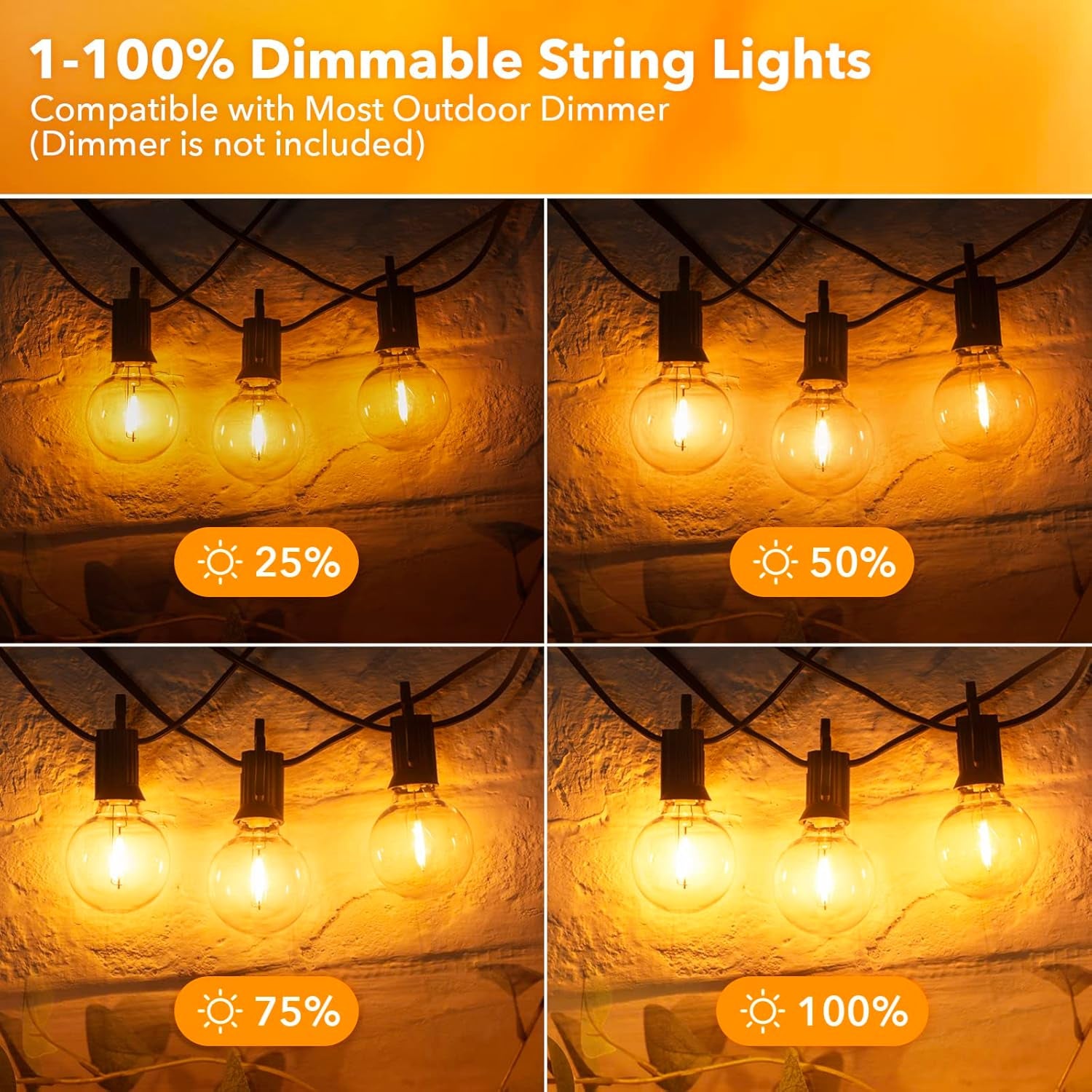 Outdoor String Lights - Connectable Dimmable LED Patio String Lights with G40 Globe Plastic Bulbs, All Weatherproof Hanging Lights for outside Backyard Porch (50 Ft - 25 LED Bulbs)