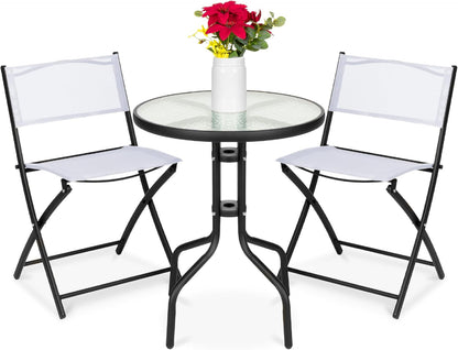 3-Piece Patio Bistro Dining Furniture Set W/Glass Tabletop, 2 Folding Chairs, Steel Frame, Polyester Fabric - Gray