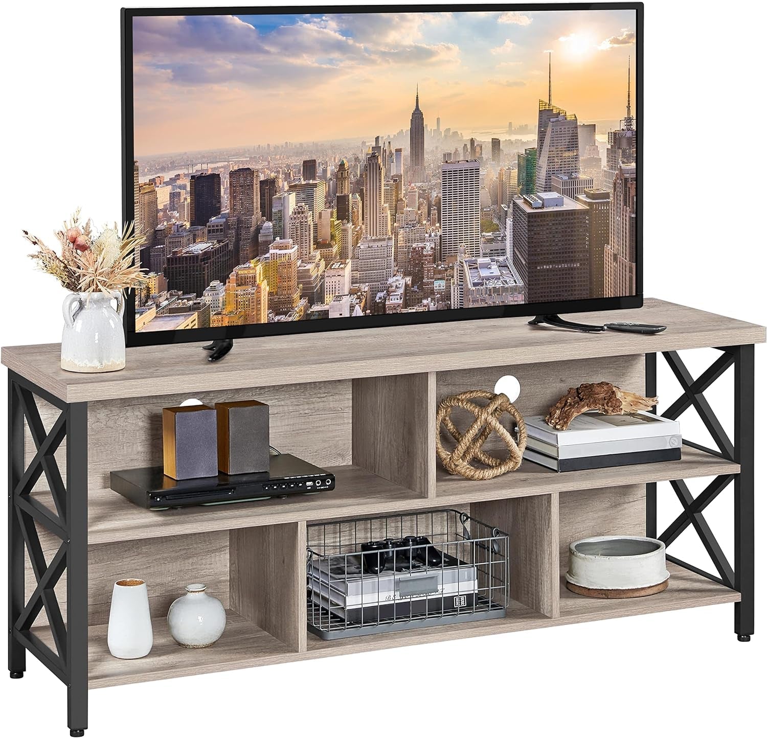 TV Stand for Living Room, Industrial Entertainment Center for 65 Inch TV, Rustic TV Console Stand with Storage Cabinets Wood and Metal, Rustic Brown