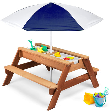 Kids 3-In-1 Sand &amp; Water Table, Wood Outdoor Convertible Picnic Table W/Umbrella, 2 Trays, Removable Top - Walnut/Beige