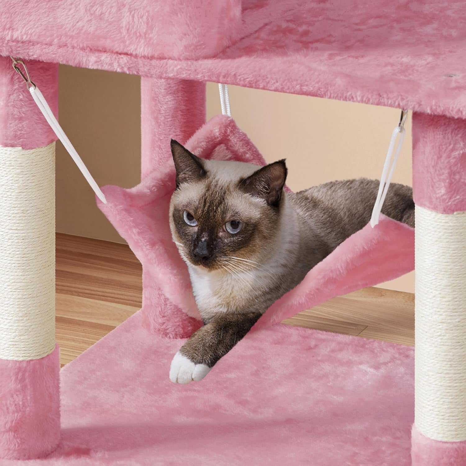 Multi-Level Cat Tree, Large Cat Tower with Condos Platform 64In, Cat House Cat Tree for Medium Cats Pink