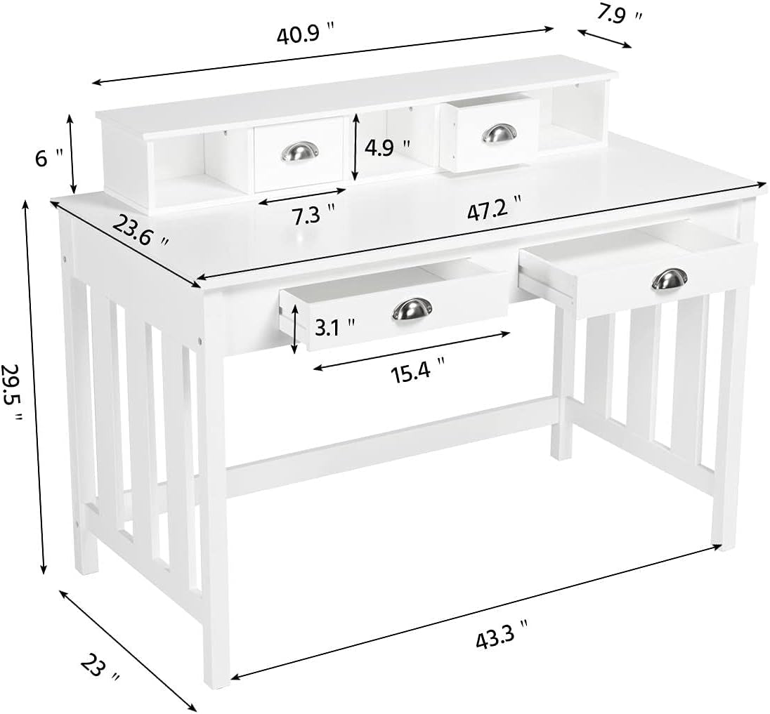 47 Inch Large Computer Desk, White Home Office Desk with 4 Storage Drawers, Modern PC Work Table Desk 23 Deep with Monitor Stand for Screen, Wood Stable Executive Table with Large Desktop