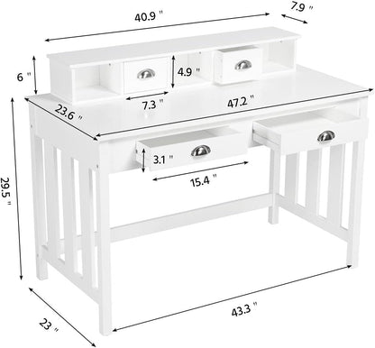 47 Inch Large Computer Desk, White Home Office Desk with 4 Storage Drawers, Modern PC Work Table Desk 23 Deep with Monitor Stand for Screen, Wood Stable Executive Table with Large Desktop