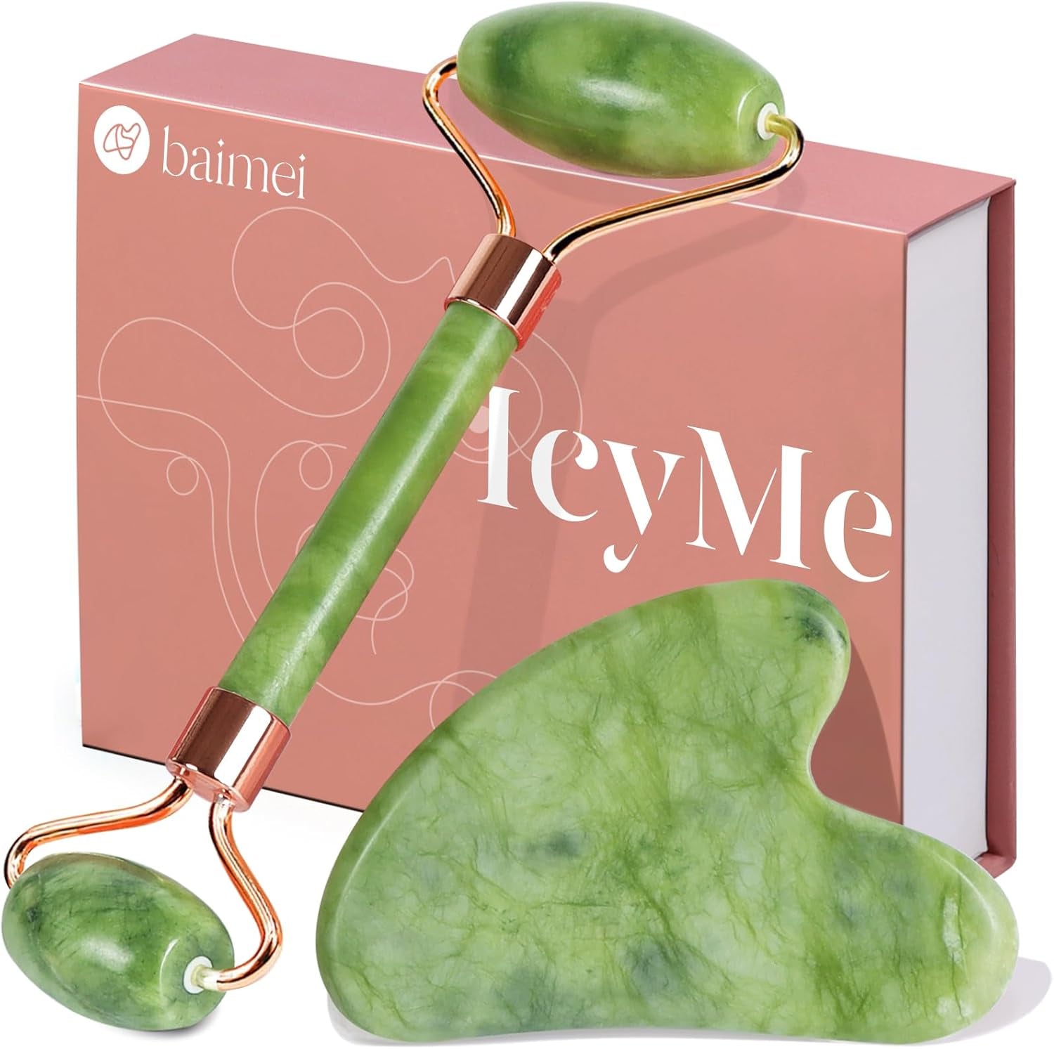 Icyme Gua Sha &amp; Jade Roller Facial Tools Face Roller and Gua Sha Set for Puffiness and Redness Reducing Skin Care Routine, Self Care Gift for Men Women - Green