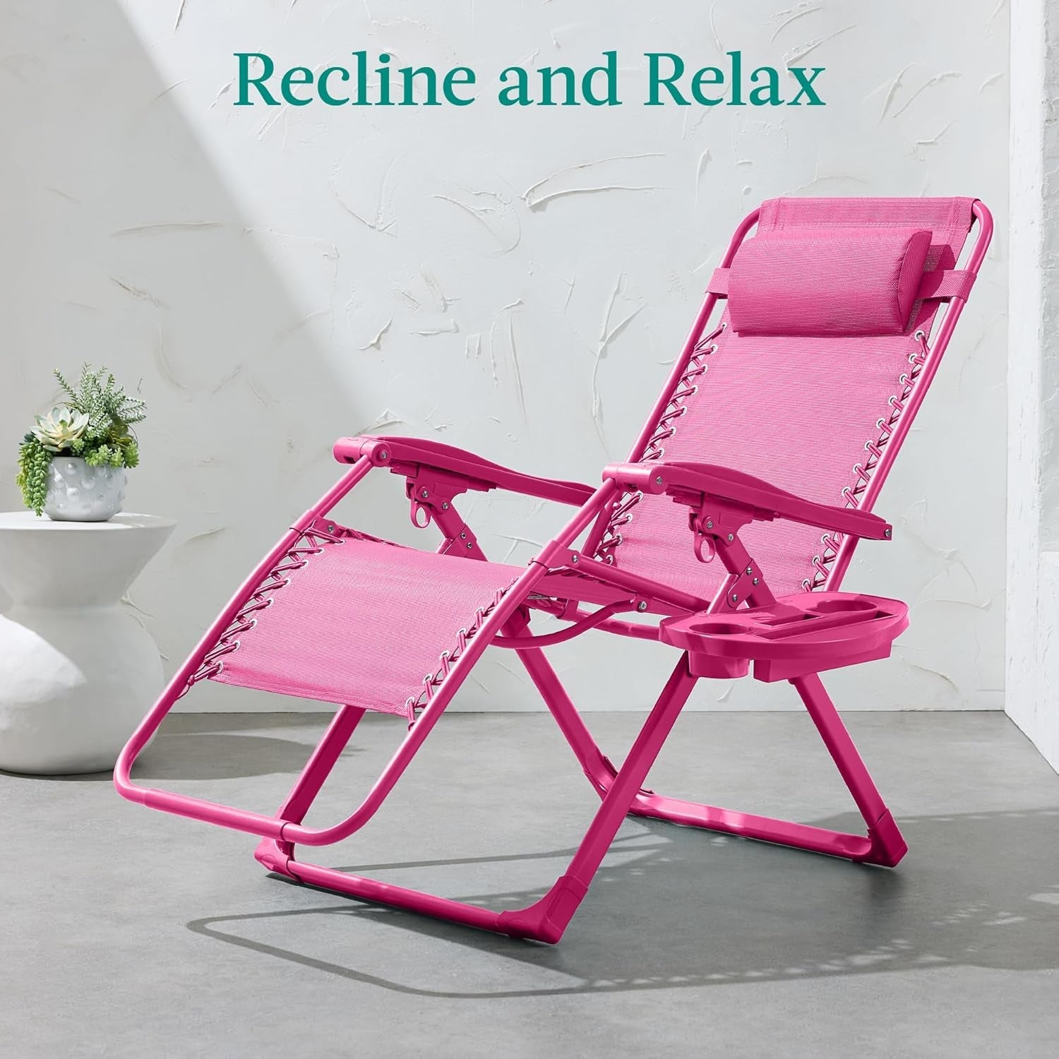 Adjustable Zero Gravity Chair, Monochromatic Color Folding Patio Recliner W/Side Tray, Headrest - Hot Pink