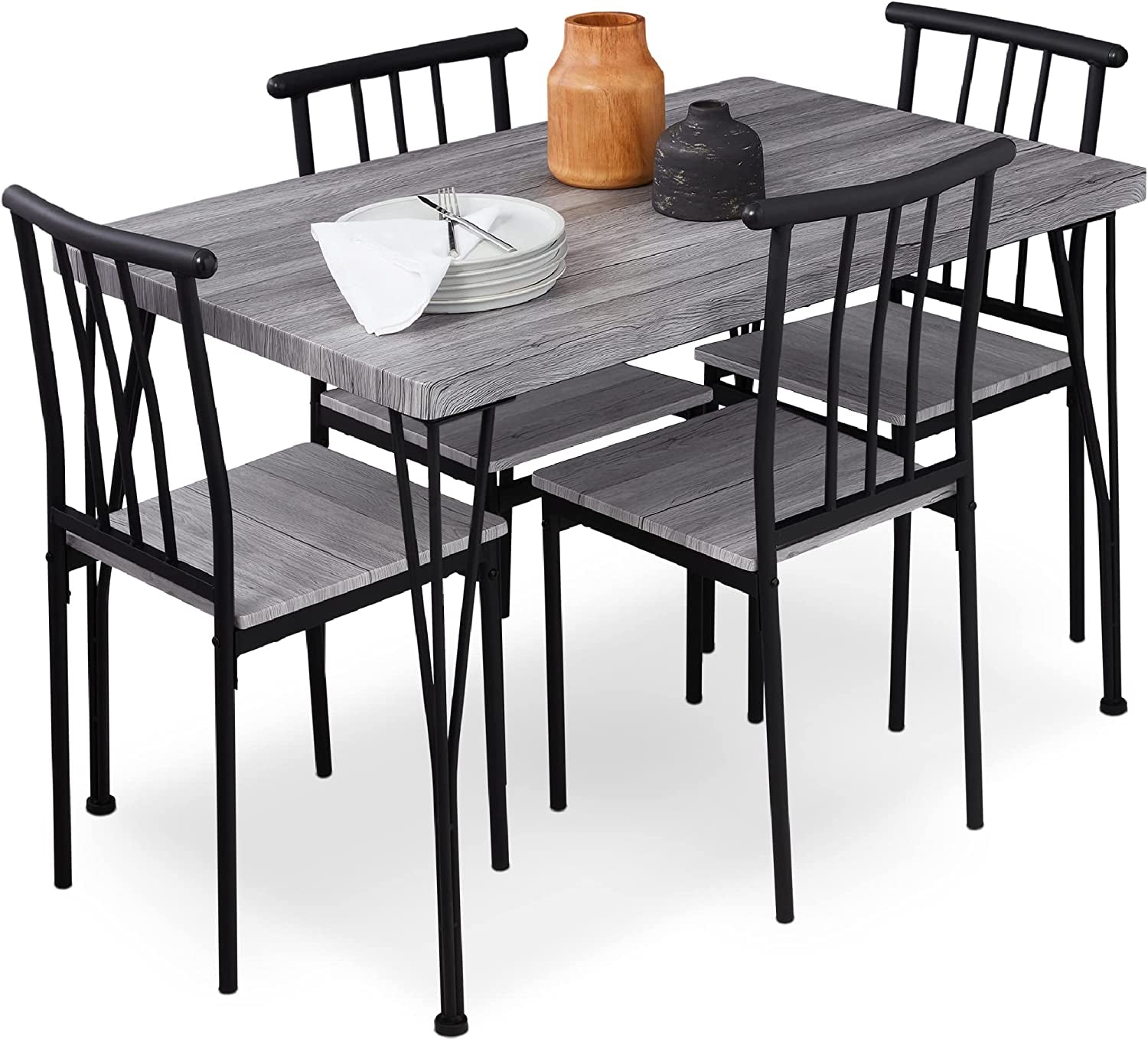 5-Piece Metal and Wood Indoor Modern Rectangular Dining Table Furniture Set for Kitchen, Dining Room, Dinette, Breakfast Nook W/ 4 Chairs - Brown