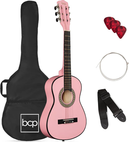 38In Beginner All Wood Acoustic Guitar Starter Kit W/Gig Bag, 6 Celluloid Picks, Nylon Strings, Capo, Cloth, Strap W/Pick Holder - Matte Black