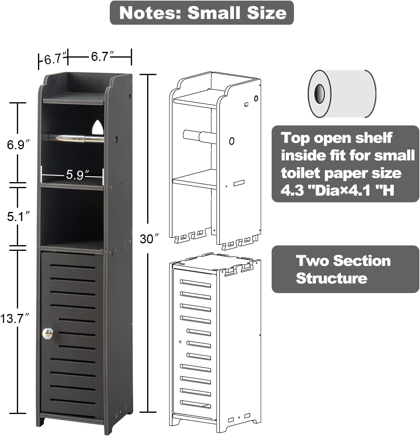 Toilet Paper Holder Stand: Bathroom Storage Cabinet beside Toilet Storage for Small Bathroom with Toilet Roll Holder - Toilet Paper Stand - Black