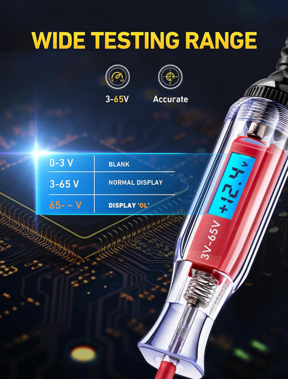 Heavy Duty 3-65V Backlit Digital LCD Circuit Tester, Test Light with 140 Inch Extended Spring Wire, Car Truck Low Voltage &amp; Light Tester with Stainless Probe