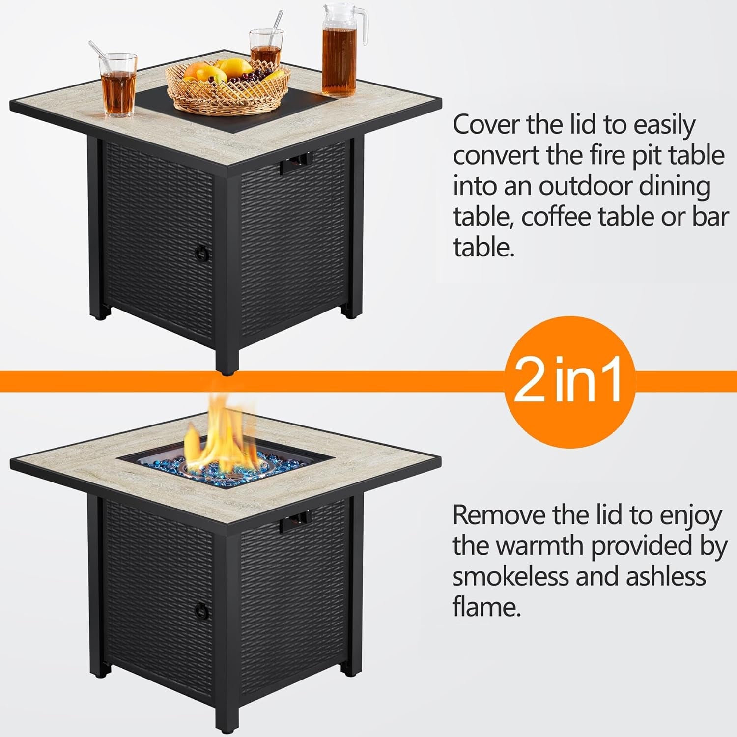 30&quot; Propane Gas Fire Pit Table 50,000 BTU Square Gas Fire Table with Ceramic Tabletop and Blue Fire Glass for Outdoor/Patio with Rattan Pattern Steel Base/Lid, Black