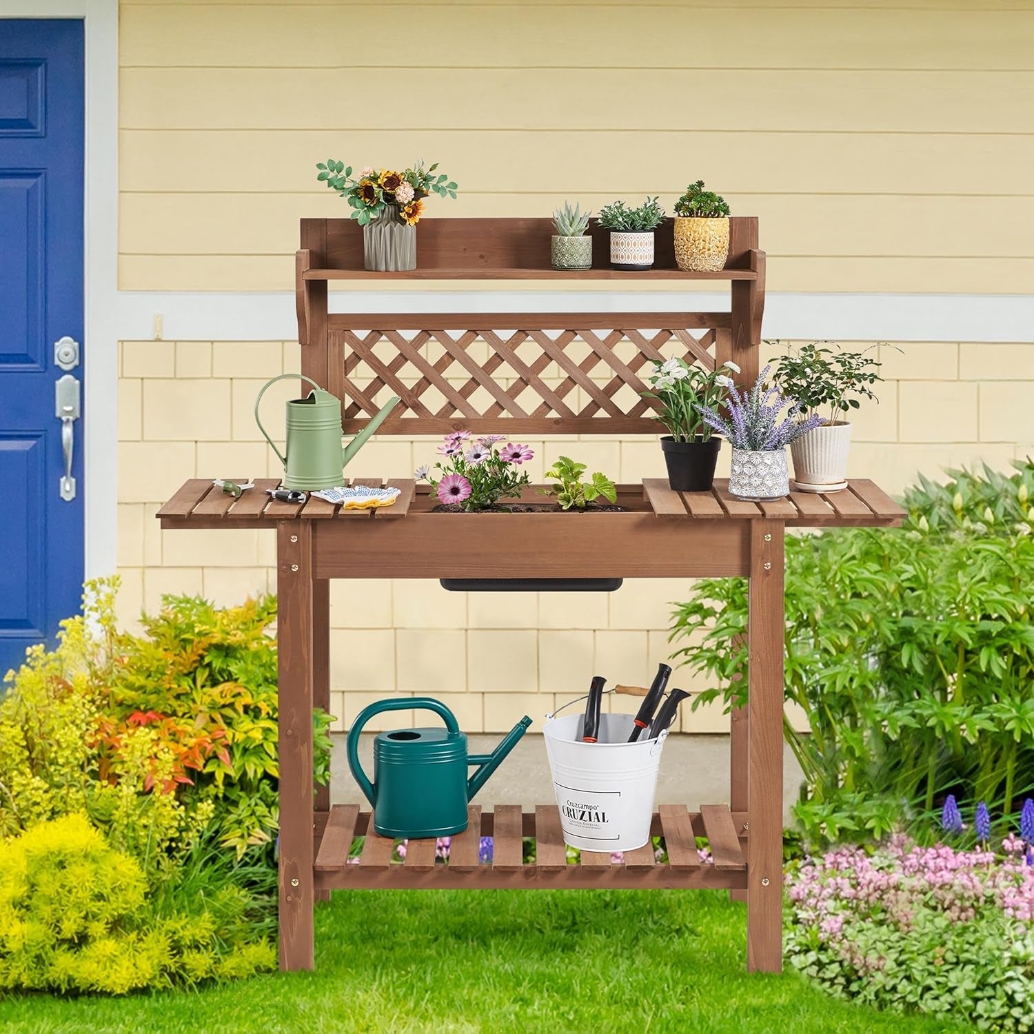 Potting Bench Table Outdoor Garden Horticulture Wooden Workstation Benches W/Sliding Tabletop/Removable Sink/Storage Shelf,Brown