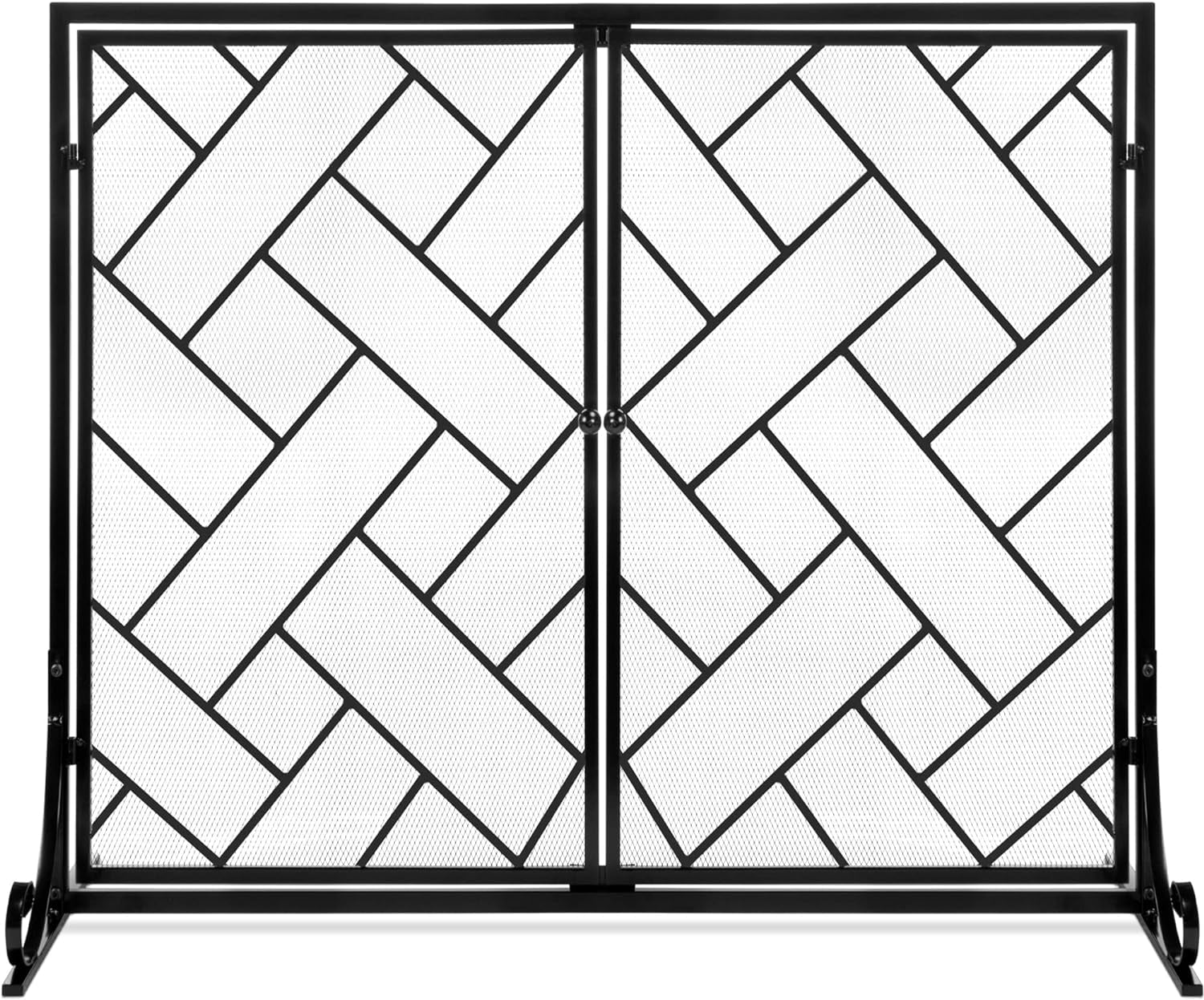 44X33In 2-Panel Handcrafted Wrought Iron Decorative Mesh Geometric Fireplace Screen, Fire Spark Guard W/Magnetic Doors - Gold