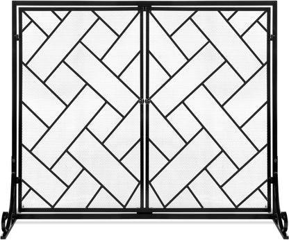 44X33In 2-Panel Handcrafted Wrought Iron Decorative Mesh Geometric Fireplace Screen, Fire Spark Guard W/Magnetic Doors - Gold