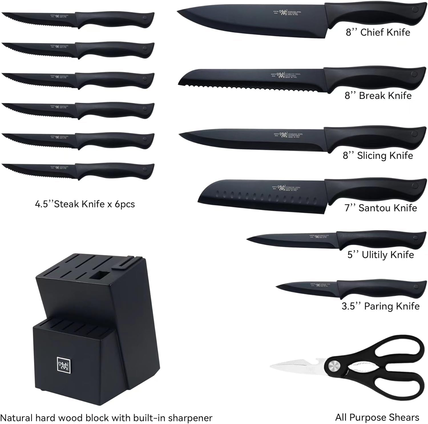 Knife Set,  15 Pcs Kitchen Knife Set with Block Self Sharpening, Dishwasher Safe, Anti-Slip Handle, Black