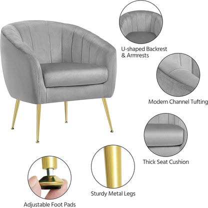 Modern Vanity Chair, Velvet Soft Accent Chair with Gold Metal Legs, Tufted Accent Chaise Lounge for Living Room/Makeup Room/Bedroom, Gray, Set of 2