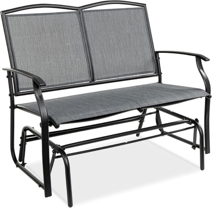 2-Person Outdoor Patio Swing Glider Steel Bench Loveseat Rocker for Deck, Porch W/Textilene Fabric, Steel Frame - Ivory/Gray