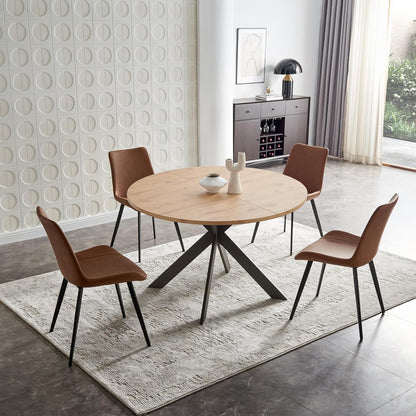 46.4&quot; round Dining Table Set, Mid Century Modern round Dining Table for 4-6 Person, W/Steel Legs, Coffee Table for Kitchen Dining Room, Office, save Space (1 Table with 4 Brown Chairs)