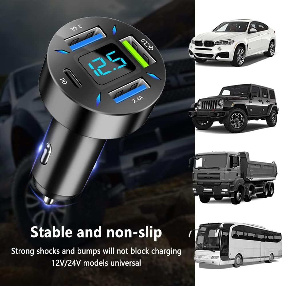 Car Charger 66W Super Fast Charging with USB PD&amp;QC 3.0(Voltmeter&amp;Led Lights) Universal Quick Charge for 12-24V Car Cigarette Lighter Plug,Compatible with Iphone 14 13 12,S22 S21 S20,Ipad(Black)