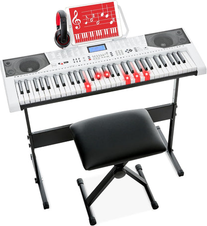 61-Key Beginners Complete Electronic Keyboard Piano Set W/Lighted Keys, LCD Screen, Headphones, Stand, Bench, Teaching Modes, Note Stickers, Built-In Speakers - Black