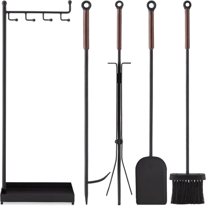 5-Piece Modern Contemporary Fireplace Tool Set for Indoor Fireplace Décor, Outdoor Fire Pit W/Poker, Tongs, Dust Pan Shovel, Brush, Ergonomic Handles - Antique Gold