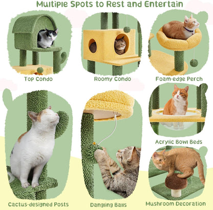 Cactus Cat Tree, Large Cat Tree for Indoor Cats, Multi-Level Cat Tower with 2 Large Condo, Scratching Posts, 2 Acrylic Clear Bowls and Dangling Balls, 68.5In