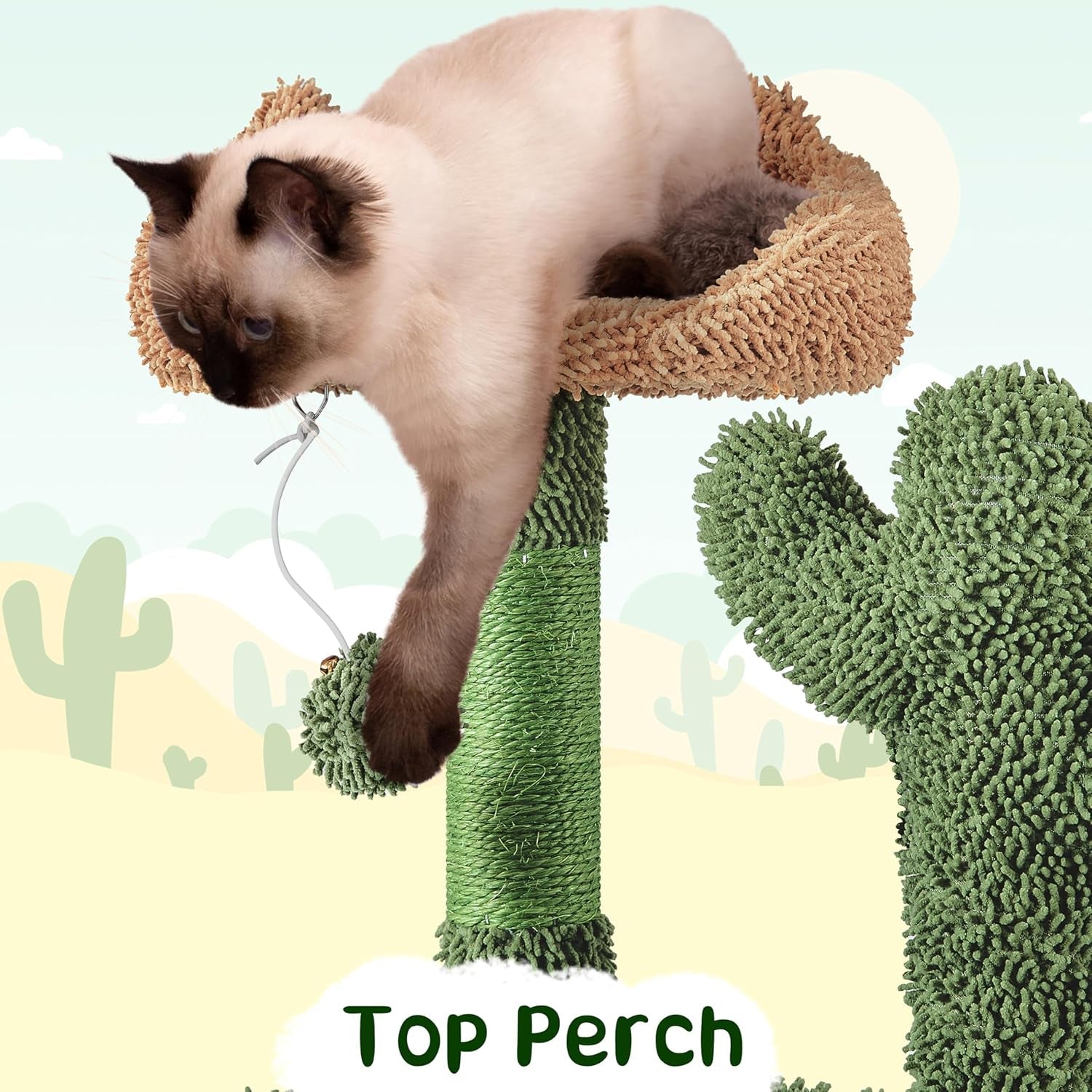 Cactus Cat Tree, 53.5In Cat Tower for Indoor Cats with Sisal Covered Scratching Post, Condo, Plush Perches and Fluffy Balls, Multi-Level Cat Climbing Tree Play House Activity Center, Green