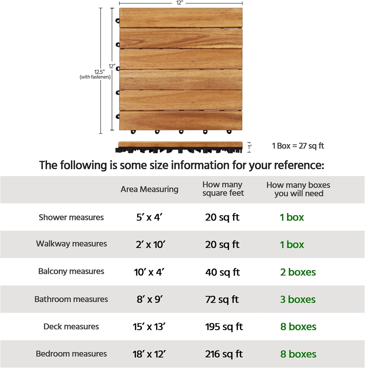 27PCS Acacia Wood Interlocking Flooring Tiles Waterproof Flooring for Outdoor &amp; Indoor Patio,Balcony,Garden,Poolside,12 × 12 In