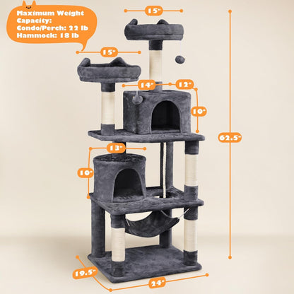 62.2Inches Cat Tree Cat Tower Cat Condo with Platform &amp; Hammock, Scratching Posts for Kittens Pet Play House with Plush Perch for Indoor Activity Relaxing