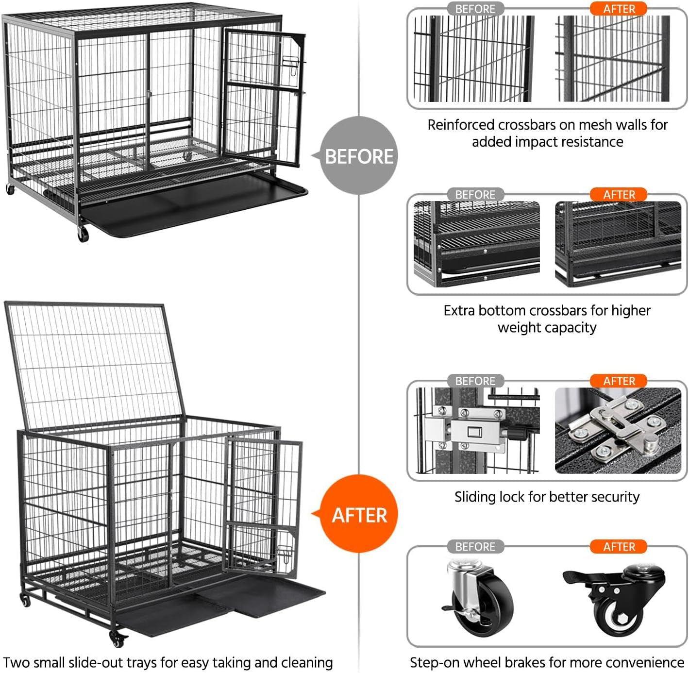 42-Inch Dog Crate Heavy Duty Metal Dog Crate for the House Indoor Dog Kennel for Small/Medium/Large Dogs W/Double Doors &amp; Locks &amp; Double Tray &amp; Lockable Wheels Pet Cage Black