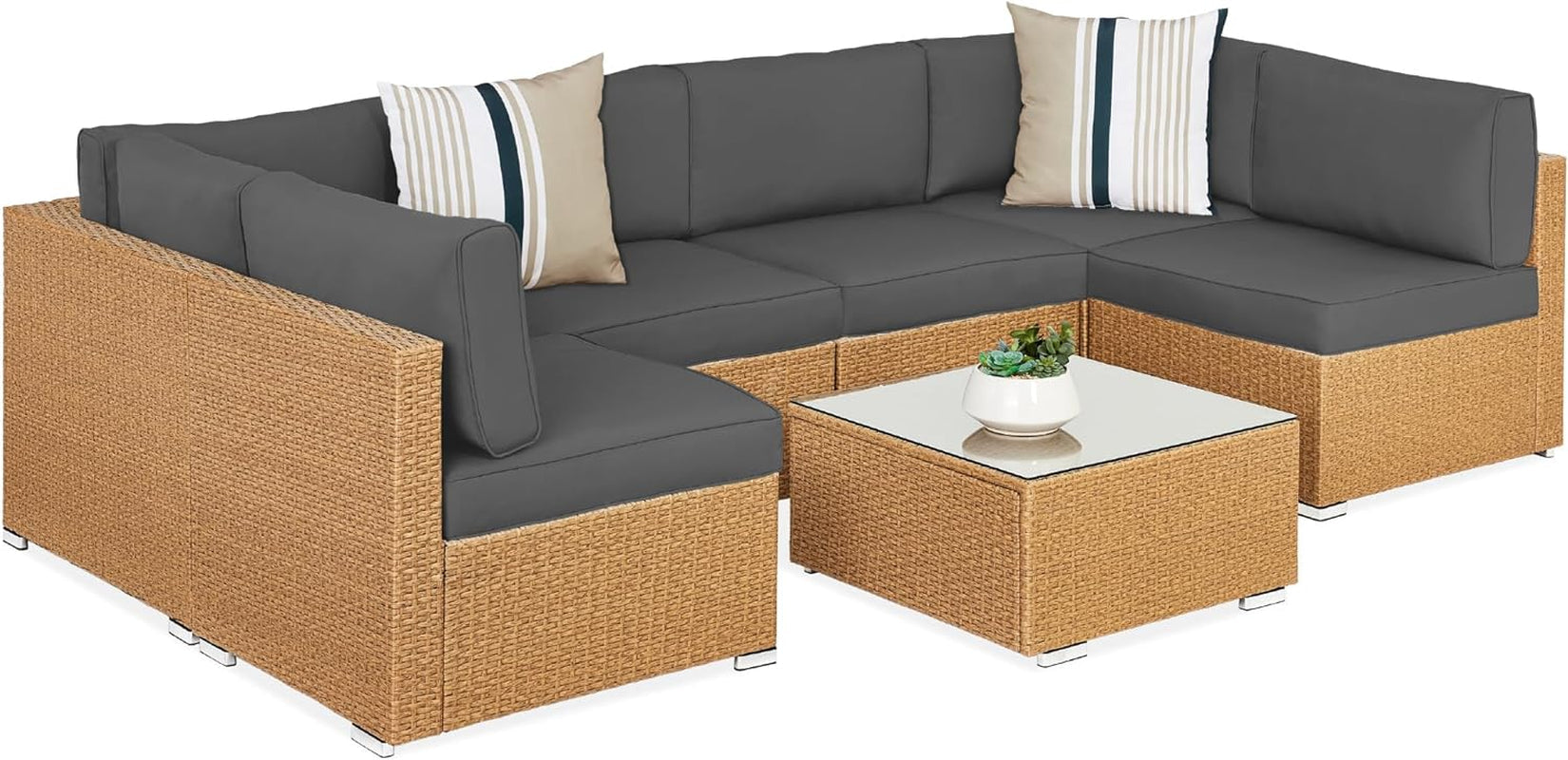 7-Piece Modular Outdoor Sectional Wicker Patio Conversation Set W/ 2 Pillows, Coffee Table, Cover Included - Gray/Navy