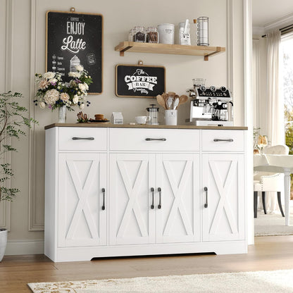 Buffet Cabinet with Drawers, 55&quot; Large Sideboard Buffet Storage Cabinet with Shelves and Doors, Modern Farmhouse Coffee Bar Cabinet Wood Buffet Table for Kitchen, Dining Room, White/Rustic