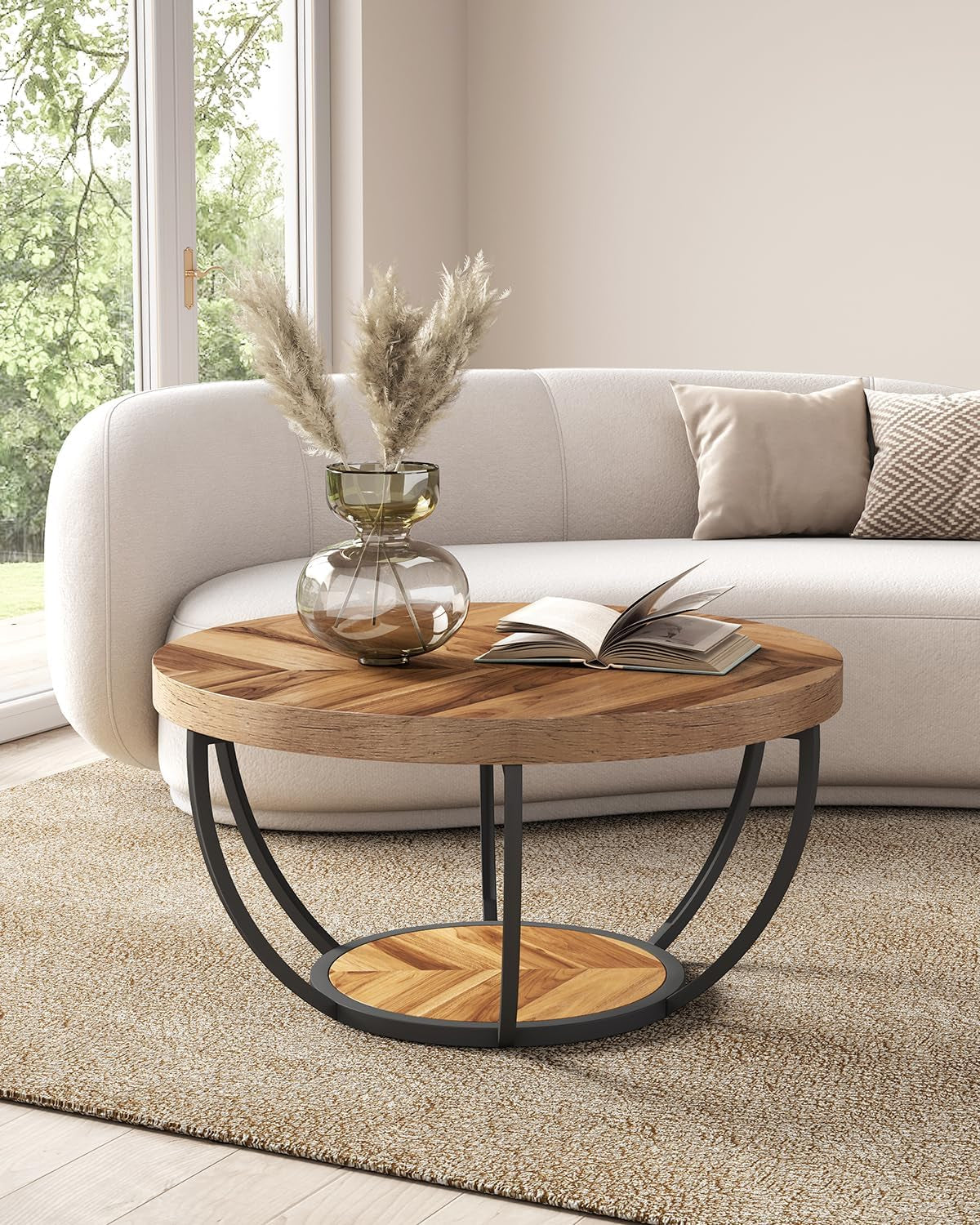 round Coffee Table, 32&quot; Circle Coffee Table for Living Room, 2-Tier Wood Accent Center Table with Open Storage Industrial Design Home Furniture (Wood Grain and Black)