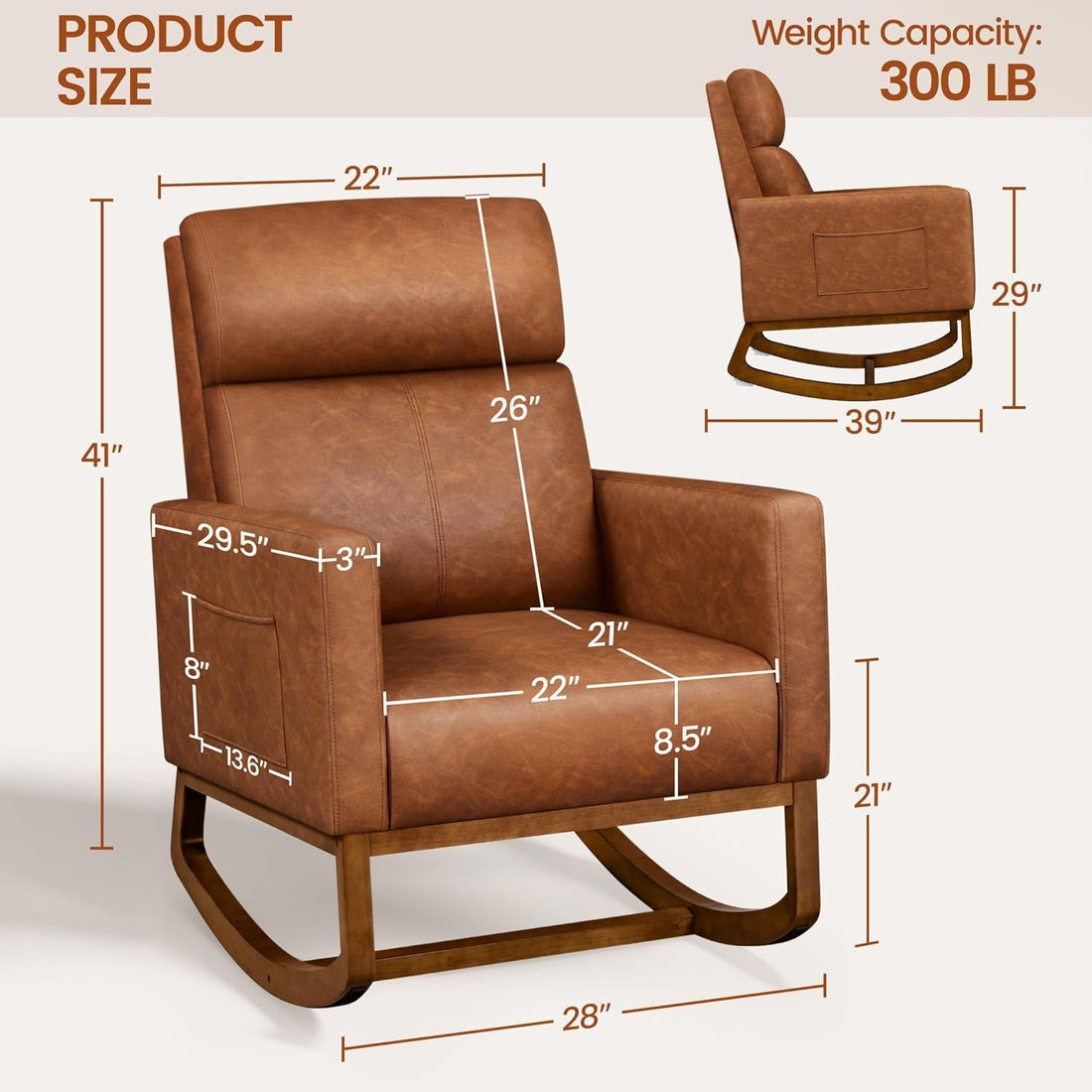 Rocking Chair, Leather Nursery Glider Chair, Upholstered Accent Chair with Rubber Wood Legs and Side Pockets, High Back Armchair for Living Room, Bedroom, Brown