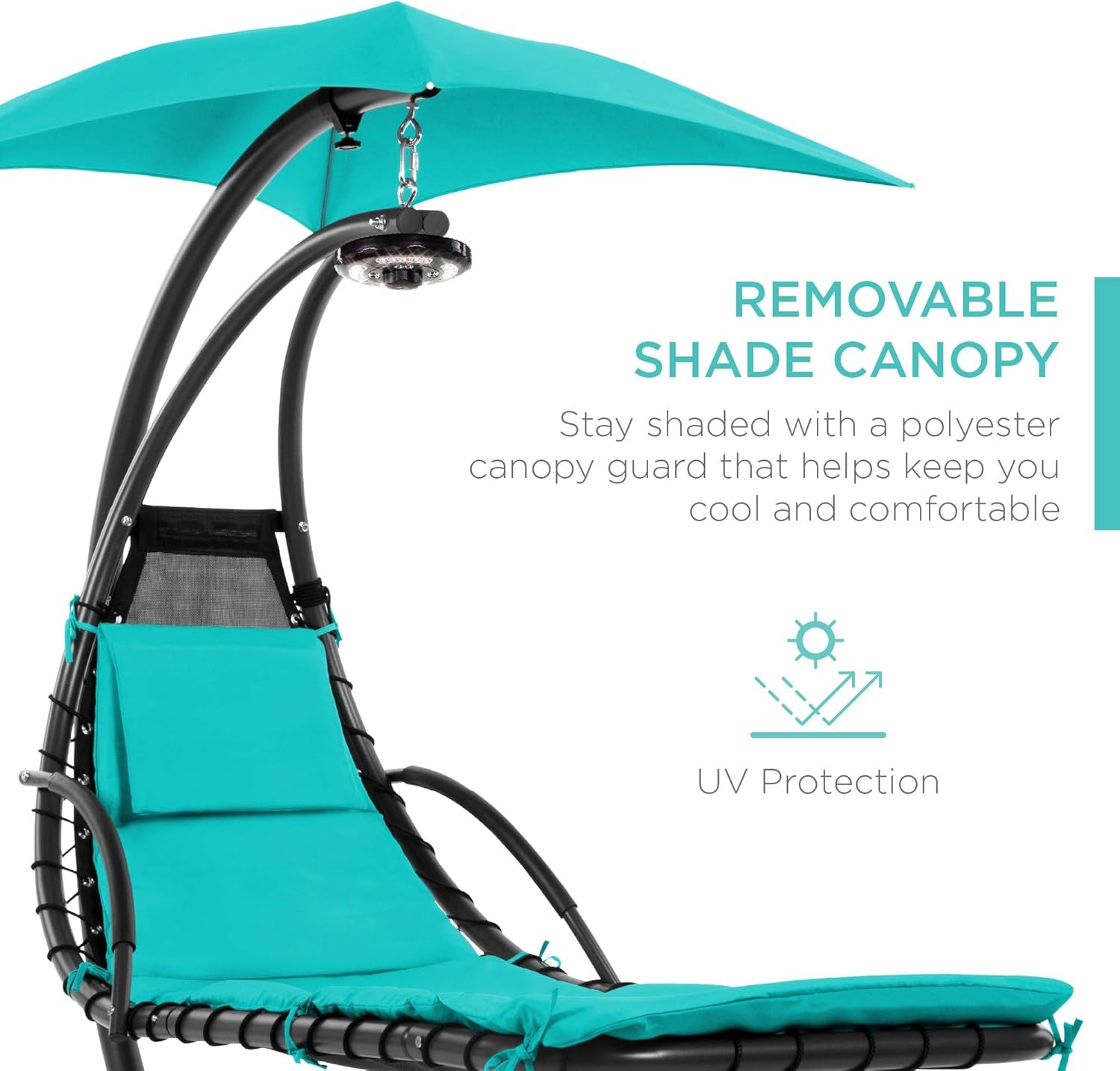 Hanging Led-Lit Curved Chaise Lounge Chair Swing for Backyard, Patio, Lawn W/ 3 Light Settings, Weather-Resistant Pillow, Removable Canopy Shade, Steel Stand - Teal