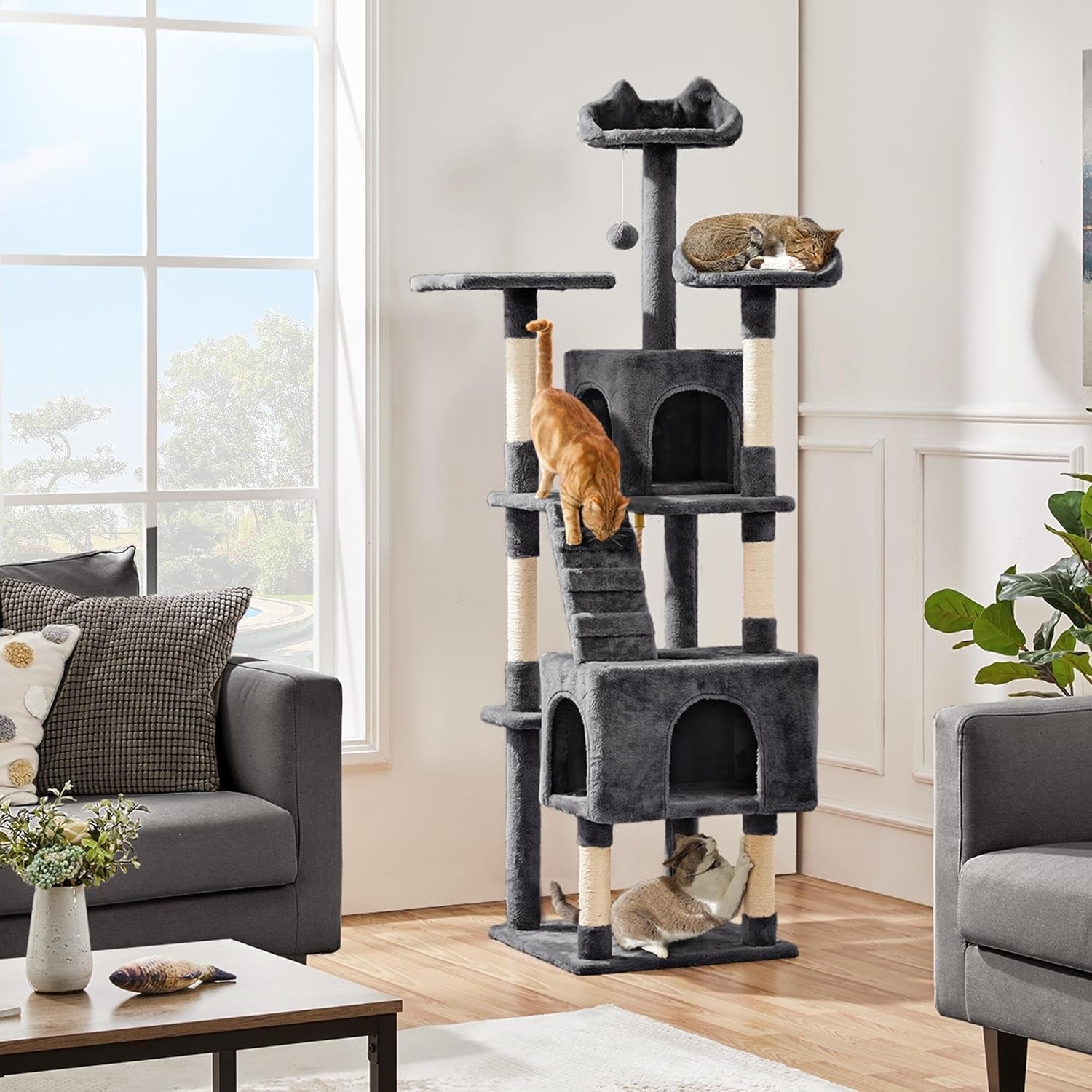 XL Cat Tree, 72In Multi-Level Cat Tower with 2 Cozy Caves, 3 Soft Perches, Scratching Posts, Board, and Dangling Ball, Cat Furniture Cat Play House Kittens, Dark Gray