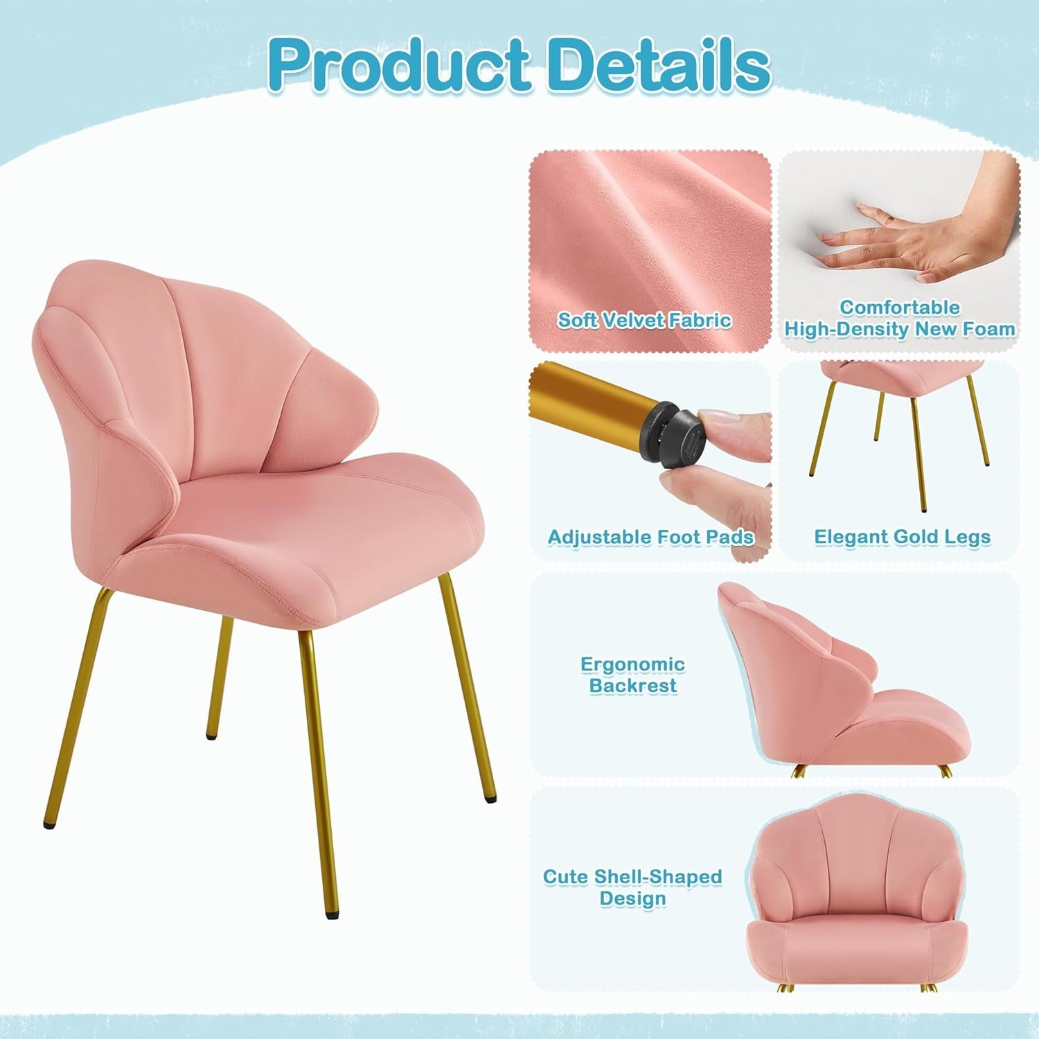 Velvet Accent Chair, Cute Vanity Chair with Shell-Shaped Backrest, Modern Armchair Side Chair with Golden Legs for Living Room/Bedroom/Home Office/Makeup, Pink