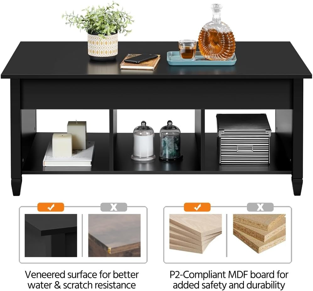 Black Coffee Table, 47.5In Lift Top Coffee Table, Lift up Center Table W/Hidden Compartment &amp; 3 Cube Open Shelves for Living Room