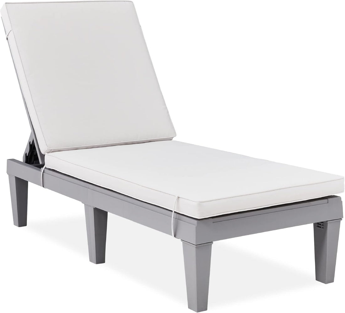 Outdoor Lounge Chair, Resin Patio Chaise Lounger for Poolside, Backyard, Porch W/Seat Cushion, Adjustable Backrest, 5 Positions, 330Lb Capacity - Gray/White Sand