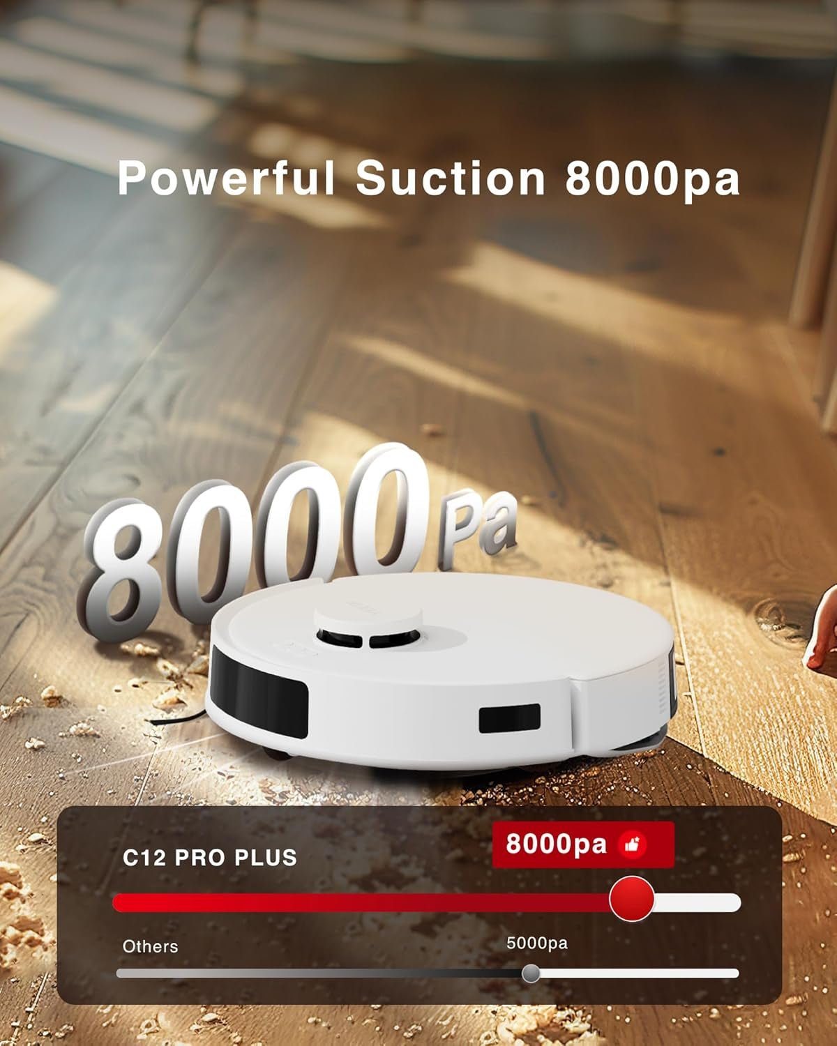 C12 plus Robot Vacuum and Mop, 8000Pa Strong Suction, 7-Week Dust Storage, Bagless Dust Bin, Purecyclone Tech, Zerotangle Brush, White