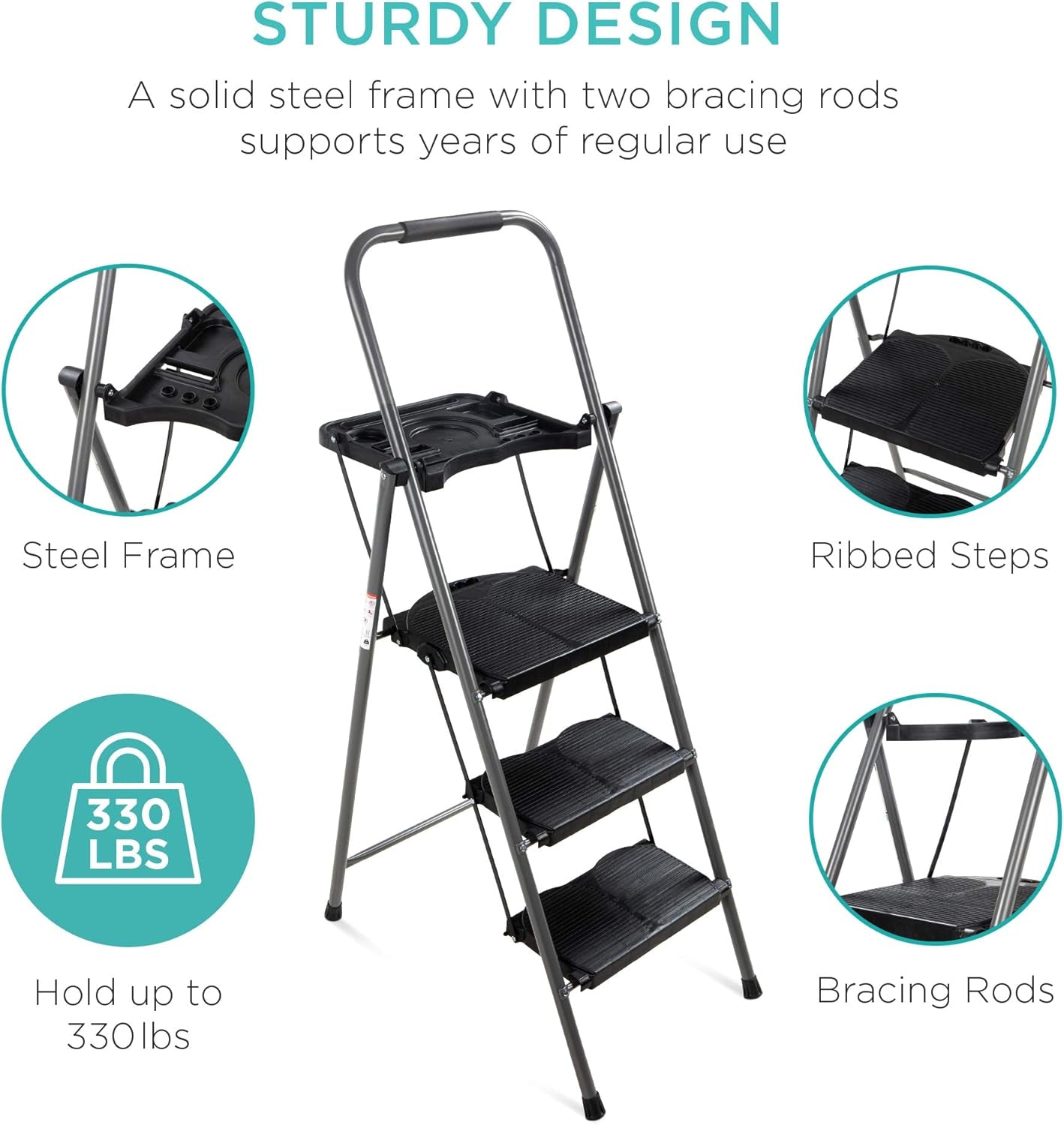 3-Step Ladder, Portable Folding Anti-Slip Step Stool W/Utility Tray, Hand Grip, Rubber Feet Caps, 330Lb Capacity