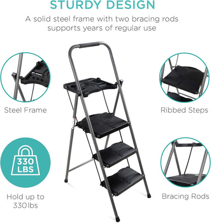 3-Step Ladder, Portable Folding Anti-Slip Step Stool W/Utility Tray, Hand Grip, Rubber Feet Caps, 330Lb Capacity