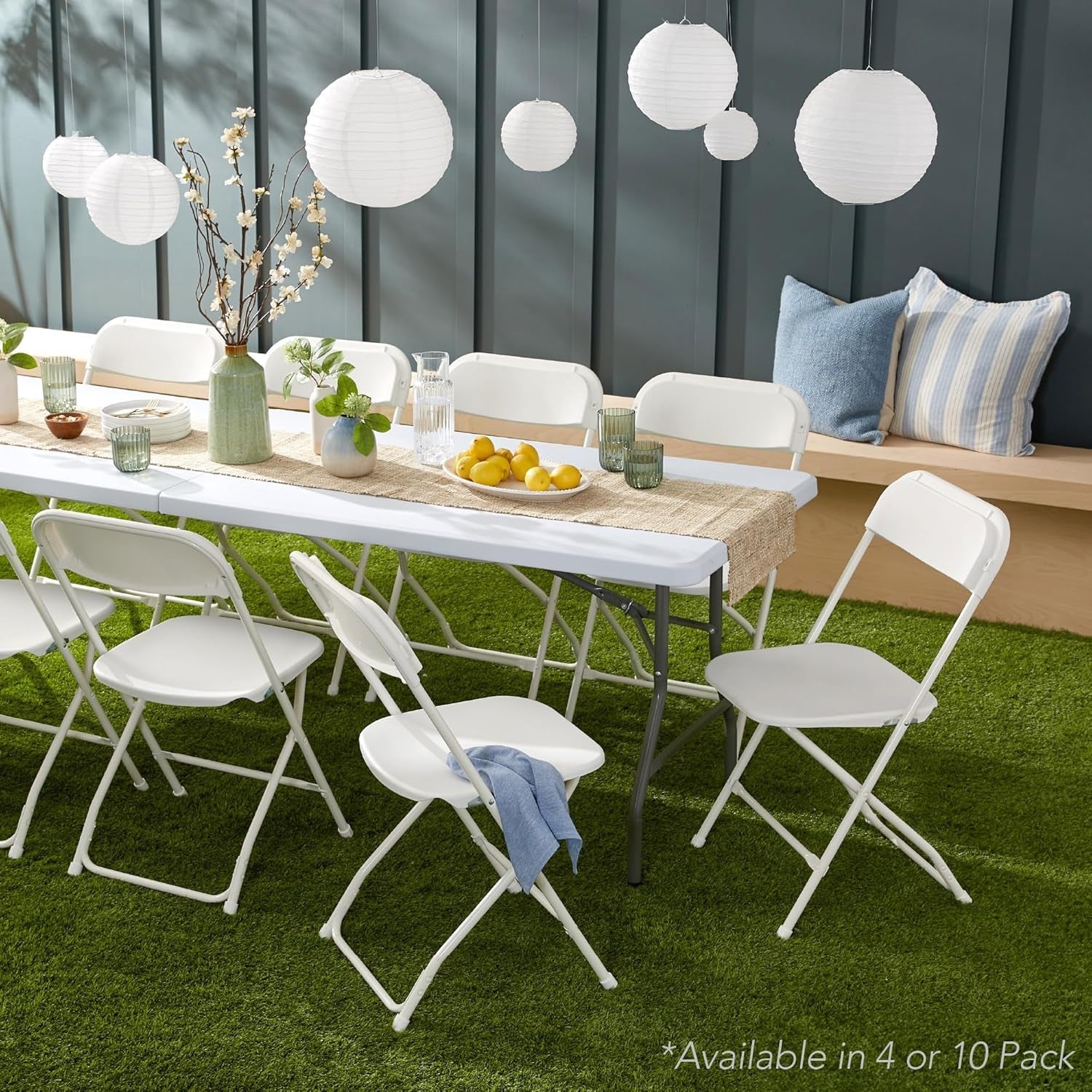 Set of 10 Plastic Folding Chairs, Portable Stacking Indoor Outdoor Seating for Home, Yard, Garden, Parties, Events W/Non-Slip Feet, 350Lb Weight Capacity - White