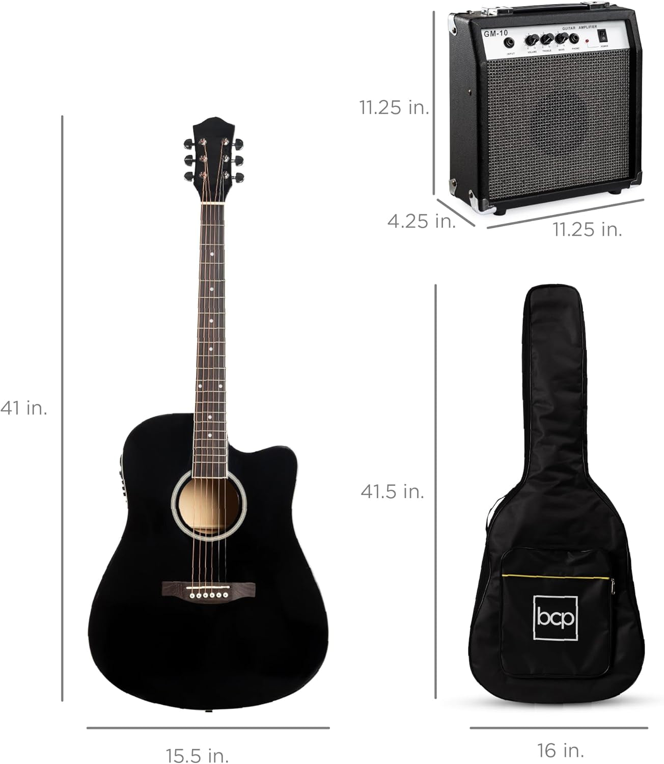 Beginner Acoustic Electric Guitar Starter Set W/ 41In, All Wood Cutaway Design, Case, Strap, Picks - Black